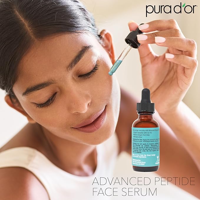 PURA D'OR Advanced Peptide Face Serum – Copper Tripeptide, Plant-Based Stem Cell Extract, Marine Collagen from Kelp, Hyaluronic Acid & Methylene Blue – Anti-Aging Serum for Youthful-Looking Skin, 1 Oz