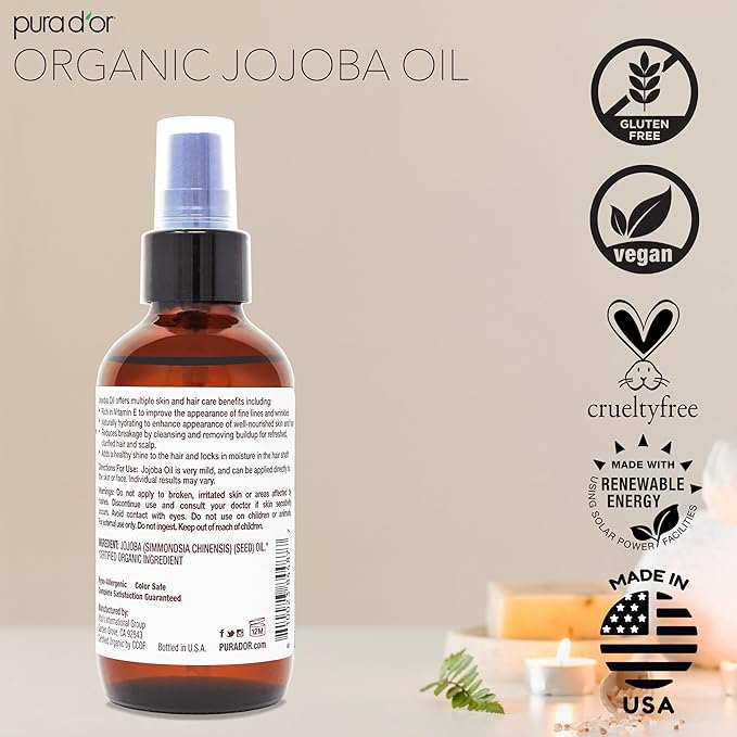 PURA D'OR 4 Oz Organic Jojoba Oil - USDA Certified - 100% Pure & Natural Moisturizer - Cold Pressed, Unrefined, Hexane Free Base Carrier Oil For DIY Skin Care, Hair, Body, Hair Relaxer, Face & Nails