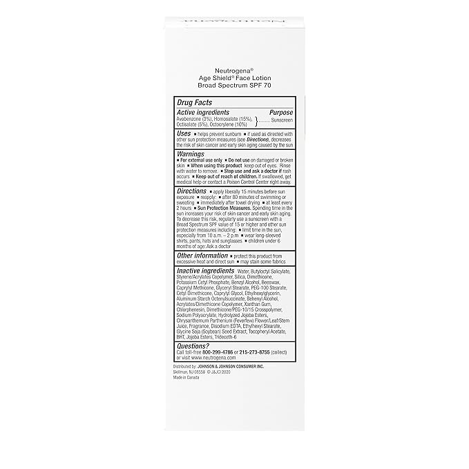 Neutrogena Age Shield Face Oil-Free Sunscreen Lotion with Broad Spectrum SPF 70, Non-Comedogenic Moisturizing Sunscreen to Help Prevent Signs of Aging, PABA-Free, 3 fl. oz.