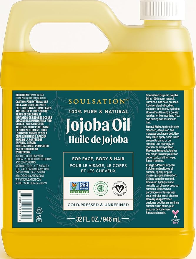 SOULSATION 100% Pure Jojoba Oil Bulk Size (32oz) for Face, Hair & Nails - Non-GMO, Cold-Pressed Moisturizing Premium Carrier Oil, Unrefined For Aging, Wrinkled, & Dry Skin, Frizzy, Damaged Hair