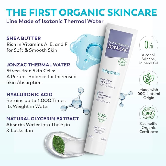 JONZAC Eau Thermale Rehydrate Organic Rich Sensitive Moisturizing Facial Cream - Intense 24hr Hydration, Shea Butter & Natural Hyaluronic Acid - Clinically Proven Skincare, All Skin Types, 1.69 Fl Oz