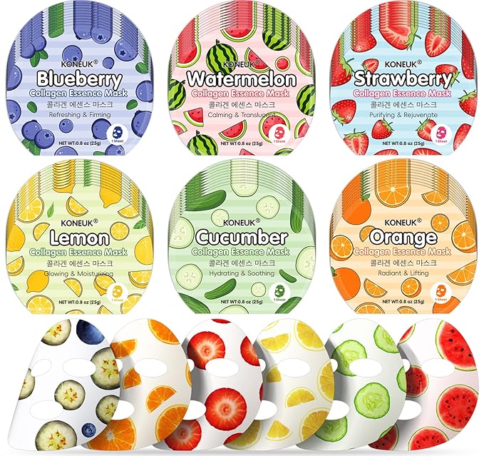 KONEUK 60 Pack Colorful Fruit Face Masks Skincare Set, Bulk Sheet Facial Mask for All Skin Types, Collagen Hydrating Face Mask for Women, Spa Party Gifts and Mothers Day Gifts (6 Types x 10 Pcs)