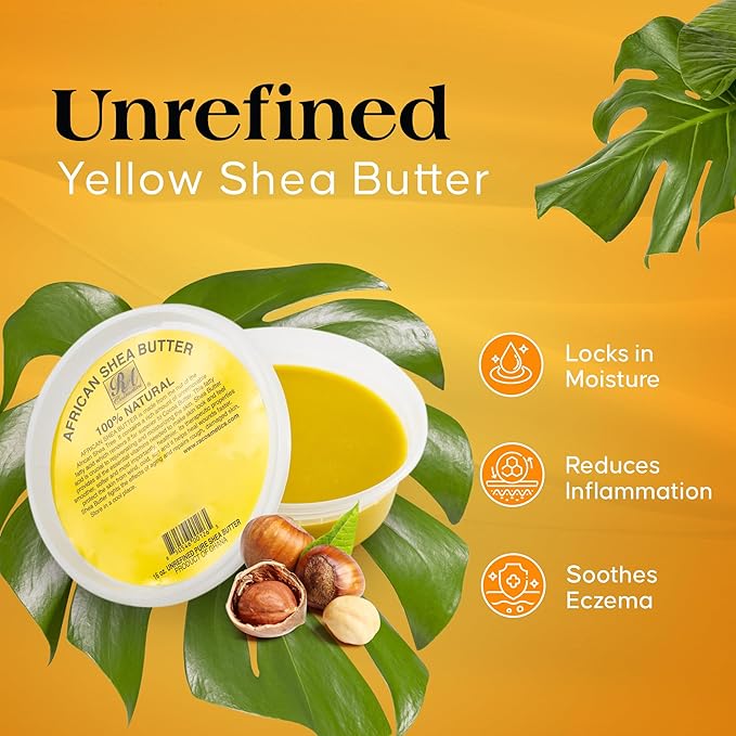 RA Cosmetic's 100% Natural Unrefined Yellow Shea Butter – Pure African Luxury for Skin & Hair - Sourced from Ghana - 16oz Jar