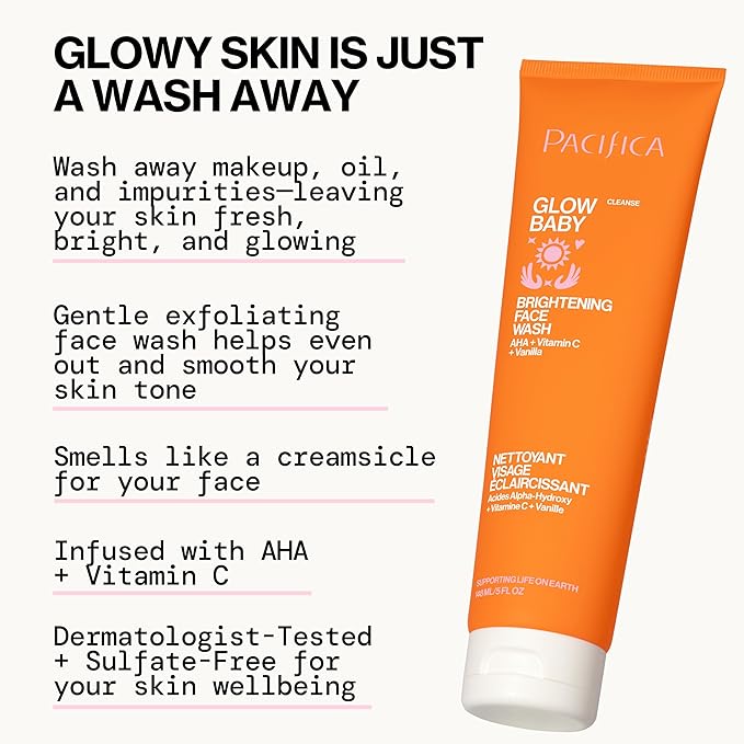 Pacifica Face Wash Duo – Glow Baby Vitamin C Brightening Cleanser + Sea Foam Gentle Cleanser, Daily Exfoliating Face Wash Set for All Skin Types, Sulfate-Free, Vegan