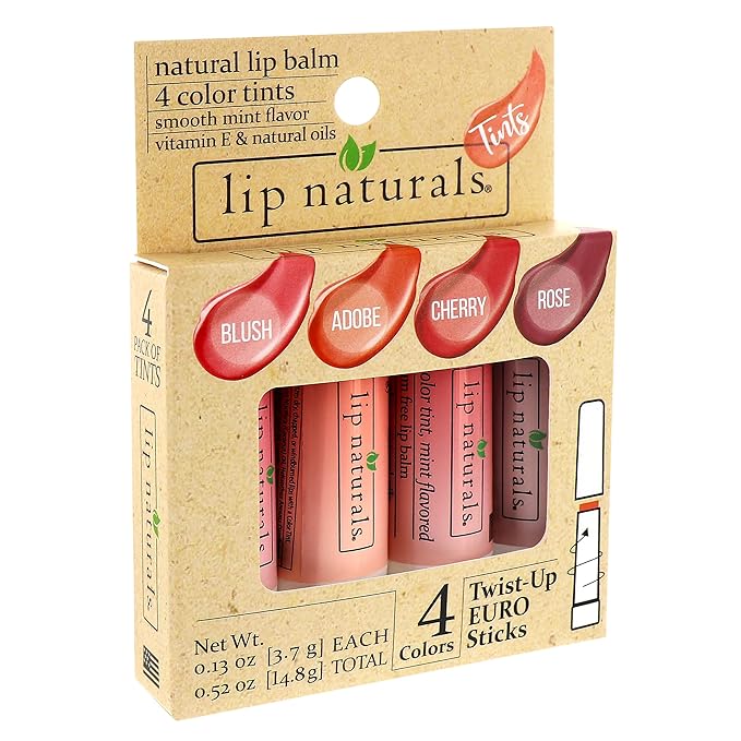Lip Naturals Tinted Lip Balm 4 Pack of Assorted Colors with Beeswax, Coconut Oil, Vitamin E, and Aloe - Moisturizing Lip Care with a Smooth Mint Flavor