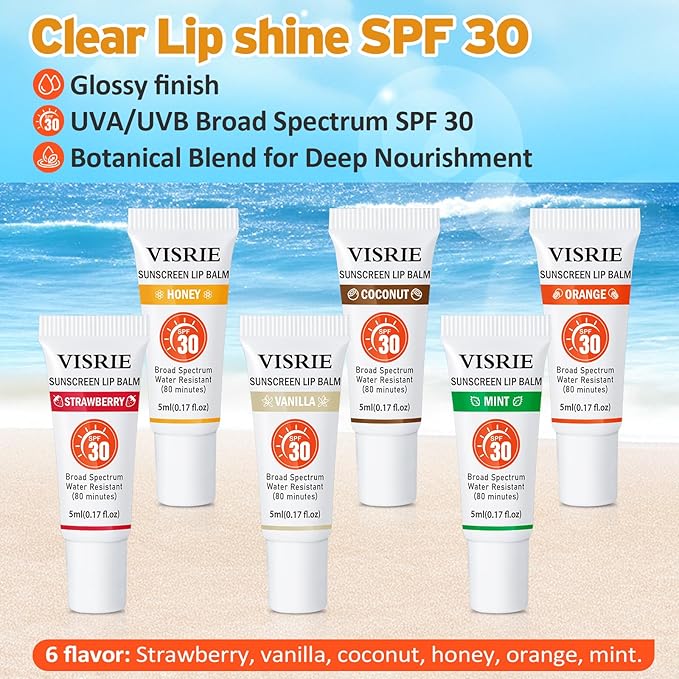 VISRIE SPF 30 Sunscreen Lip Balm 6 Pack,Clear SPF Lip Gloss UVA/UVB Sun Protection, Moisturizing Lip Sunscreen with Vitamin E and Shea Butter, Travel Sunscreen for Lips