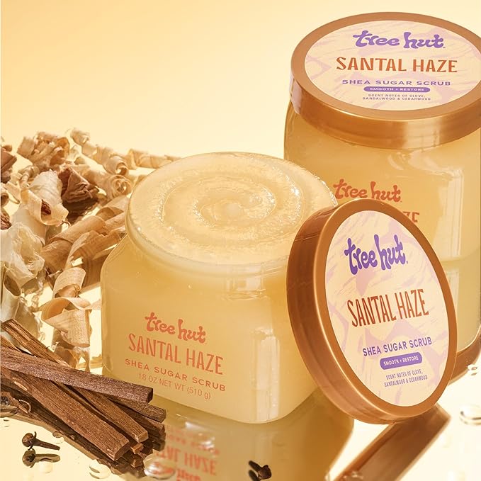 Tree Hut Santal Haze Shea Sugar Scrub, Exfoliating, Hydrating & Moisturizing Body Scrub with Shea Butter & Nourishing Essential Oils, Smooth & Soften Skin, 18 oz