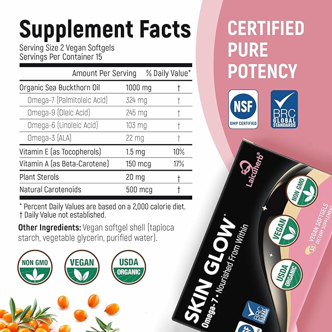 Laicuherb Skin Glow Sea Buckthorn Oil Capsules Support Face, Hair & Nails with Omega 3 6 9 & 7, Co2 Extracted, Himalayan Sea Buckthorn Berry Omega 3 Supplement Support Skin Hydration & Elasticity