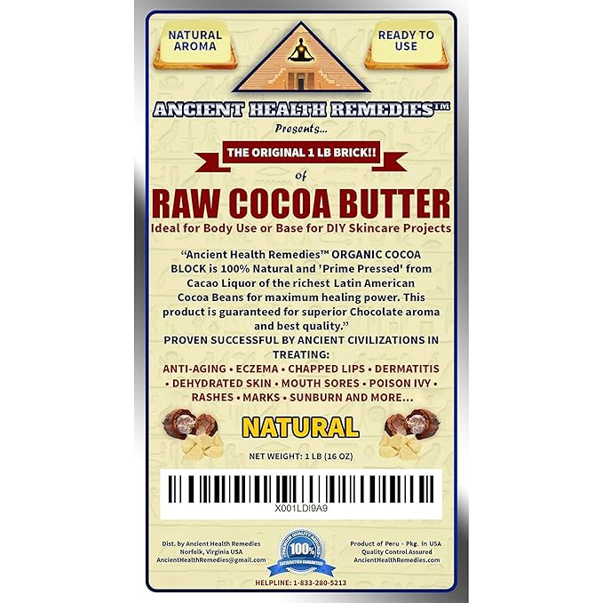 ANCIENT HEALTH REMEDIES Organic Unrefined Raw NATURAL COCOA (CACAO) BUTTER BLOCK Bulk Size Rich Chocolate Aroma For Lip Balms DIY Base for Body Butter (16oz)