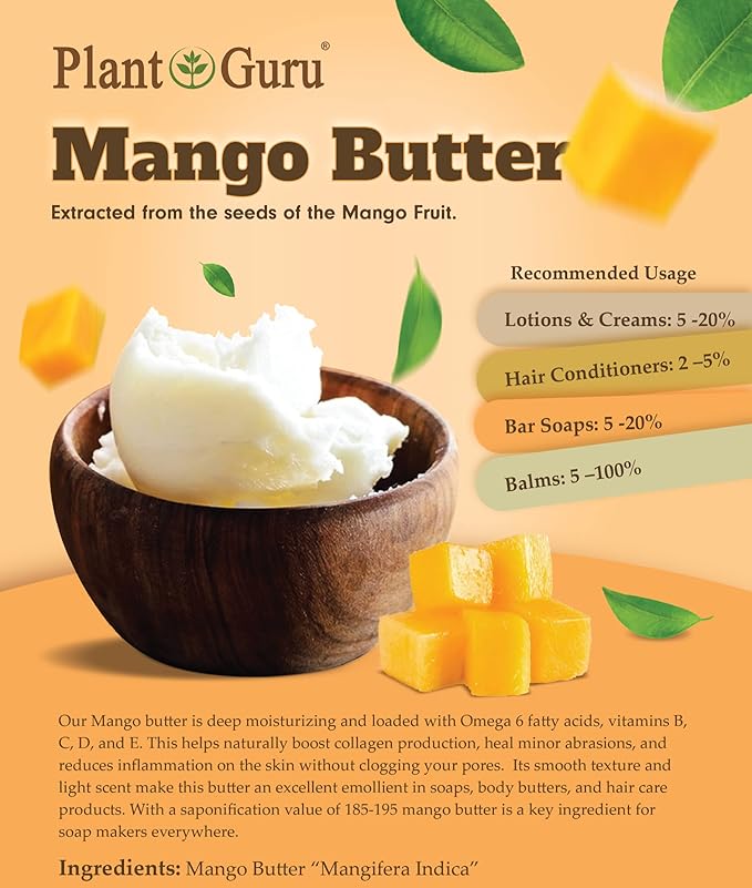 Raw Mango Butter 16 oz. / 1 lb. Jar CHUNKS - 100% Pure Natural Unrefined - Great for Skin and Hair Growth. DIY Soap Making, Body Butter, Lotions and Creams.
