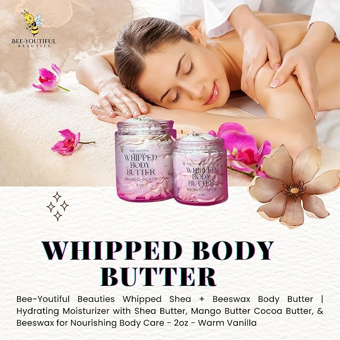 Whipped Shea + Beeswax Body Butter | Hydrating Moisturizer with Shea Butter, Mango Butter Cocoa Butter, & Beeswax for Nourishing Body Care - 8oz - Mango Peach
