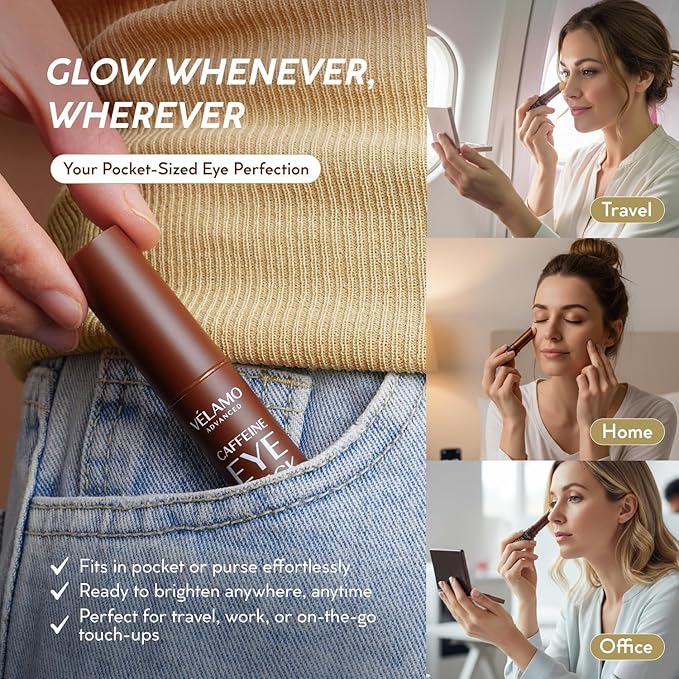 VELAMO ADVANCED Caffeine Eye Stick: Energizing & Hydrating Under Eye Balm for Dark Circles & Puffiness - Travel Essentials, Portable & Perfect for On-the-go Use, 0.1 OZ/3g
