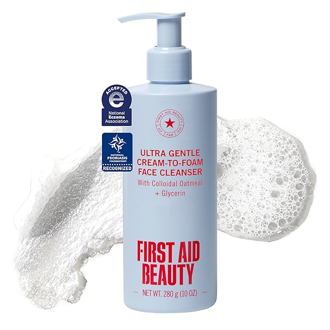 First Aid Beauty Ultra Gentle Cream-to-Foam Pure Facial Cleanser – Makeup Removing Face Cleanser - Face Wash with Colloidal Oatmeal & Glycerin, for Sensitive, Acne & Blemish-Prone Skin, 10 oz