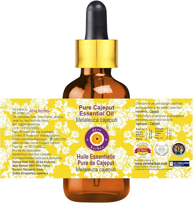 Deve Herbes Pure Cajeput Essential Oil (Melaleuca cajeputi) with Glass Dropper Steam Distilled 100ml (3.38 oz)