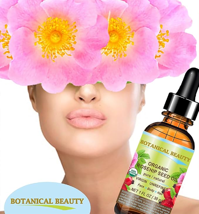 Botanical Beauty Organic ROSEHIP SEED OIL 100% Pure Natural Virgin Unrefined Cold-pressed Carrier Oil For Face, Skin, Body, Hair, Lip, Nails, Rich in vitamin C, Vitamin E, Anti-Aging (1 Fl Oz)