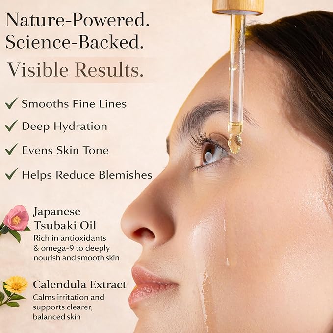 100% Organic Tsubaki Face Oil & Under-Eye Serum. Jojoba, Calendula, & Rice Bran - Hydrating & Brightening for Glowing Skin, Dark Spots & Even Skin Tone, Moisturizing Anti Aging Serum by Finally