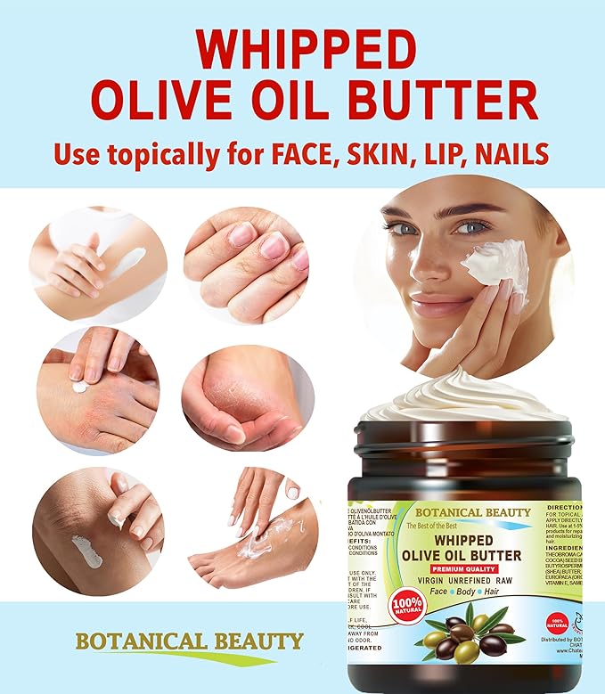Botanical Beauty Whipped OLIVE OIL BUTTER 100% Natural Pure Organic Cocoa Butter, Shea Nut Butter, Organic Olive Oil Virgin Unrefined for FACE, SKIN, BODY, HAIR, NAILS. (4 Fl Oz)