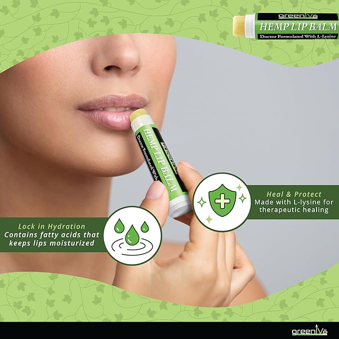GreenIVe Hemp Lip Balm Vegan Hemp Seed Oil Omegas 3 6 Vitamin E L-Lysine Hydrating Handcrafted Natural Lip Care Chap Stick Moisturizing Balm for Dry Lips Cracked Lips Sensitive Lips (1)