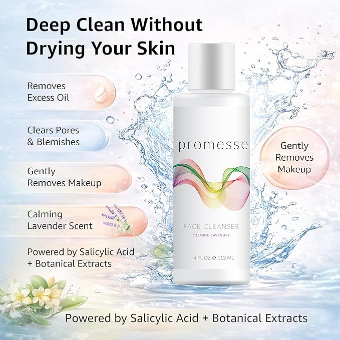 promesse Acne Control Facial Cleanser with Glycolic & Salicylic Acid | Anti-Aging Gentle Exfoliating Face Wash | Lavender Scented Hydrating Cleanser with Natural Ingredients for Skin Wash - 4 fl oz