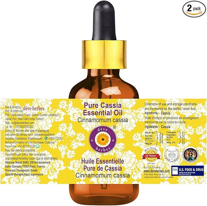 Deve Herbes Pure Cassia Essential Oil (Cinnamomum Cassia) with Glass Dropper Steam Distilled 15ml (0.50 oz)
