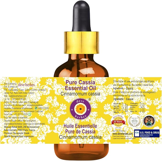 Deve Herbes Pure Cassia Essential Oil (Cinnamomum Cassia) with Glass Dropper Steam Distilled 5ml (0.16 oz)