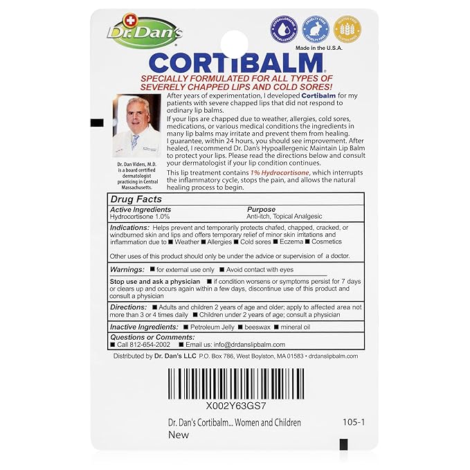Dr. Dan’s Cortibalm - Healing Lip Balm for Severely Chapped Lips with Hydrocortisone, Moisturizing Balm Pack Treatment for Men & Women, Moisturizer for Very Dry Cracked Lips, Hypoallergenic - 2 pack