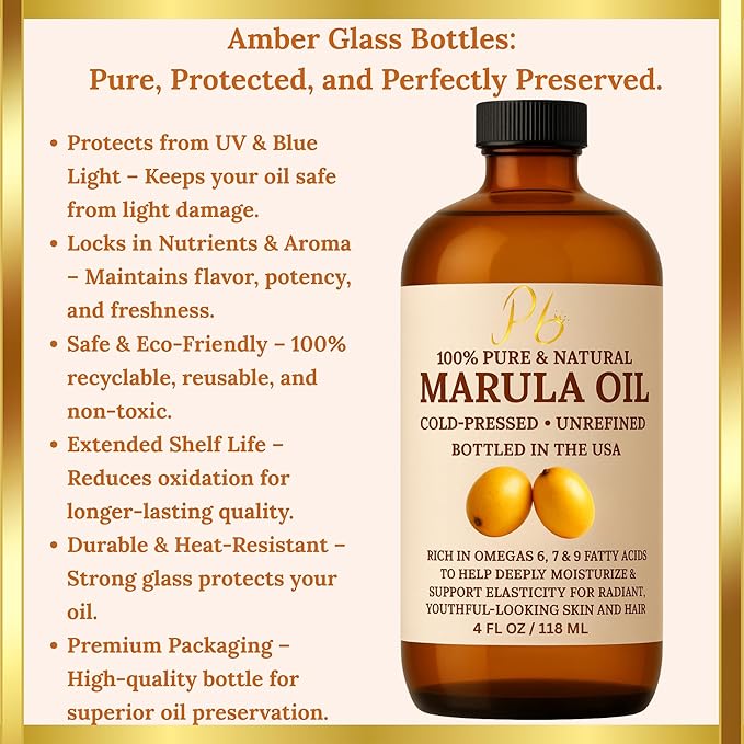 Pomberries Marula Oil for Face, 100% Pure Cold-Pressed Unrefined, Moisturizing Skin & Hair Oil, Lightweight Non-Greasy Hydrating Face Oil- 4 fl oz Glass Bottle