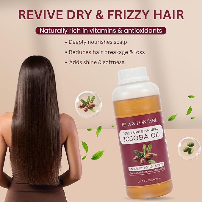 ISLA & FONTANE Jojoba Oil – 600ml (20 fl oz) | 100% Pure & Natural | Golden, Unrefined, Cold Pressed | Hexane-Free Carrier Oil for Skin, Hair, Face, Nails & Body Moisturizing