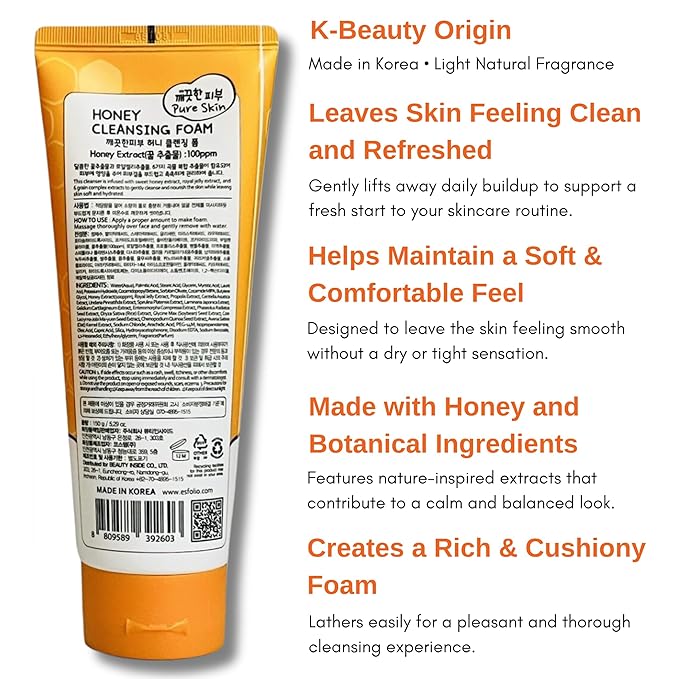 esfolio Honey Cleansing Foam – Hydrating Face Wash Dry & Sensitive Skin – Korean Skincare Cleanser Honey Deep Pore Cleansing, Moisturizing, Nourishing Facial Cleanser Smooth Skin (5.29oz -150g)