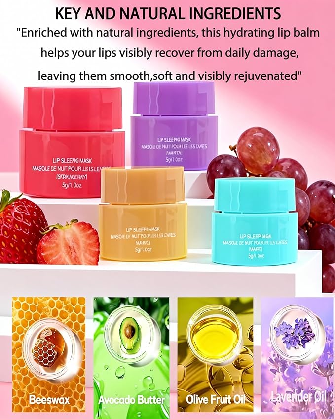 Lip Sleeping Mask Set,5 Pcs Moisturizing Lip Balm for Repair Dry Cracked Lips,Deep Hydrating Overnight Lipgloss Day&Night Non-Sticky Lips Primer Moisturizer Balms,Women Lipoil Care Christmas Gift