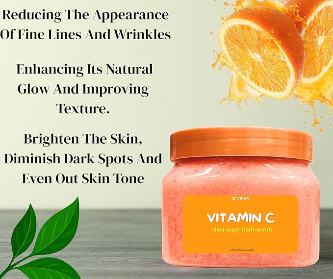 Shea Sugar Body Scub, Vitamin C Scent (21.5 oz) Exfoliating, Deeply Hydrate, Long lasting Moisturizer, Nourishing Skin