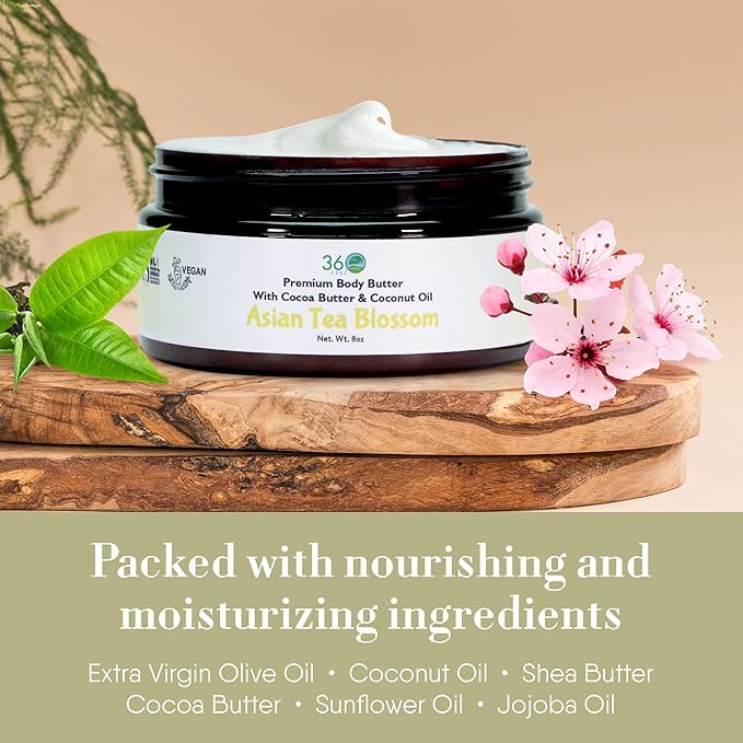 360Feel Asian Tea Blossom Body Butter - Nourishing and Hydrating Shea Body Butter with a Gentle Formula - Handmade with Essential Oils - Creamy Formula for Daily Use - Zero Harsh Additives - 8 Ounce