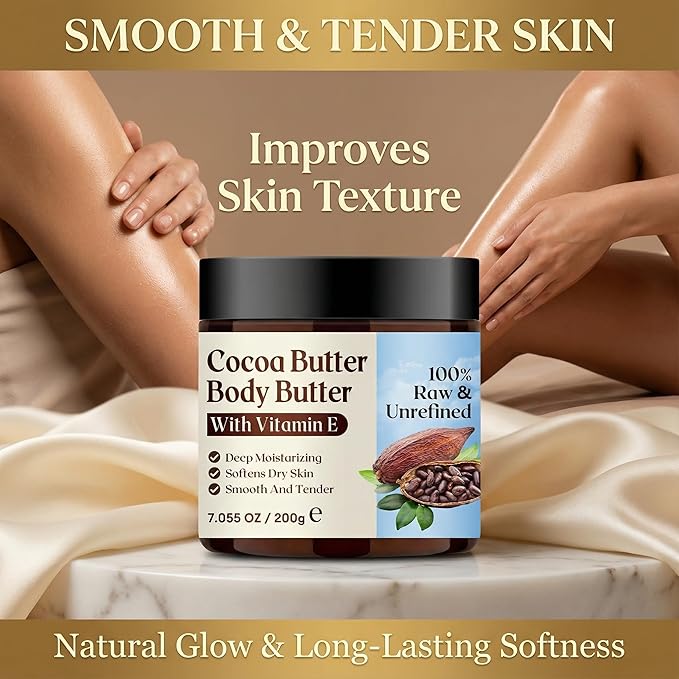 Grospe Cocoa Butter Body Butter for Women & Men 100% Raw & Unrefined Body Cream with Vitamin E Deep Moisturizing Body Lotion for Extremely Dry Skin Natural Daily Body Care Moisturizer - 7.05 Oz