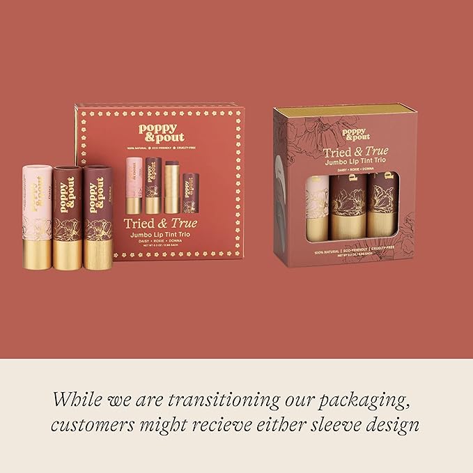 Poppy & Pout All Natural Lip Tints, Sustainable Cardboard Tubes, Hand-filled, Beeswax, Vitamin E, Coconut Oil, Cruelty Free (Tried & True Trio)