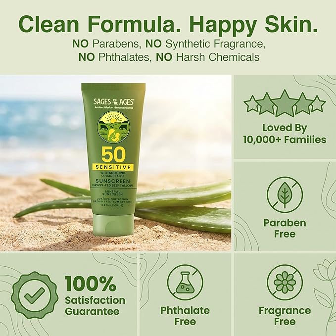 Organic Tallow Mineral Sunscreen SPF 50 with Non-Nano Zinc Oxide — Reef Safe UVA/UVB Broad Spectrum Sunblock, Water Resistant 80 Min, Moisturizing Lotion for Face & Body, 3.4 fl oz