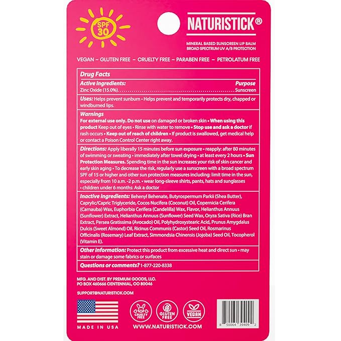 Naturistick UV Pro® Mineral SPF 30 Lip Balm – Raspberry (5-Pack), Broad Spectrum Sun Protection