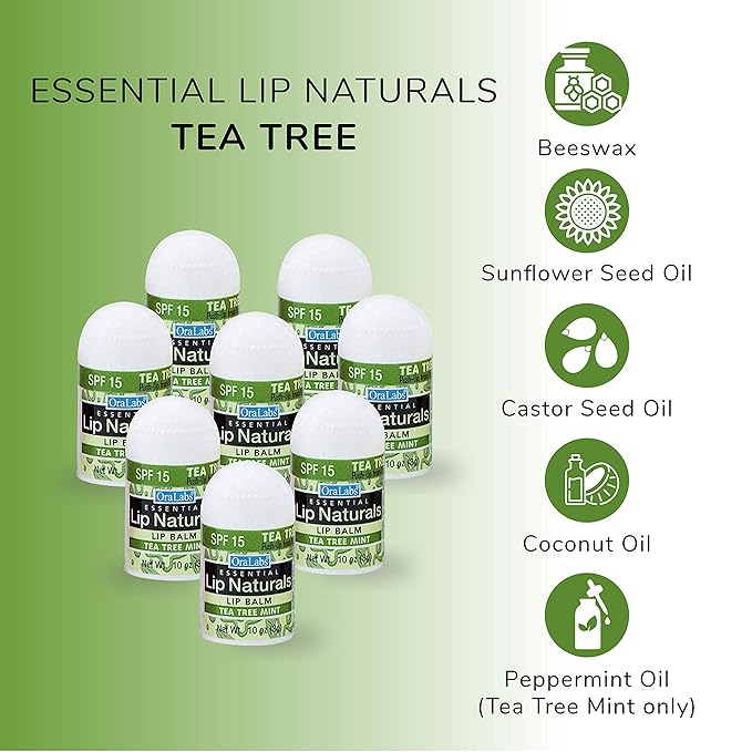 Lip Naturals® | Assorted Mini Lip Balm with Sunscreen (SPF-15) | Made in USA | 12-Count Pack with Bing Cherry, Tea Tree Mint, and Vanilla Bean Flavors (0.10oz/3g Each)