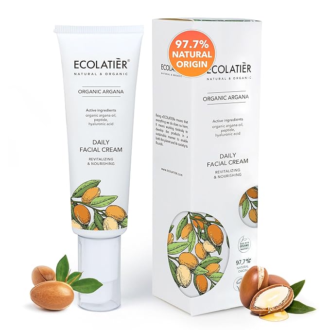 Daily Face Cream with Organic Argan Oil – Revitalizing & Nourishing, Moisturizer with Hyaluronic Acid & Vitamin E, Vegan, 97.2% Natural Ingredients, 1.7 Fl Oz - ECOLATIER