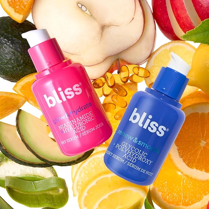 Bliss Vitamin C Face Serum + Glow & Hydrate Hyaluronic Acid Peptides + Niacinamide Antioxidant Brightening Dark Spot - Anti-Aging - Renew Night Acne Glycolic Uneven Tone