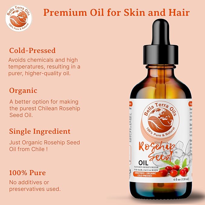 Bella Terra Oils Organic Rosehip Oil for Face, Pure Cold-Pressed Rose Hip Seed Oil for Skin & Hair, Natural Moisturizer & Anti-Aging Facial Oil 16oz