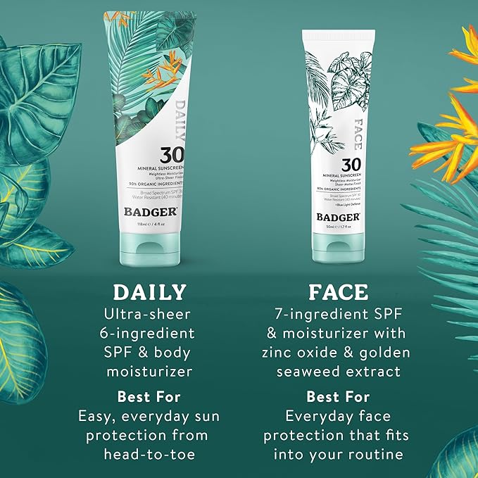 Badger Zinc Oxide Face Sunscreen SPF 30, Lightweight Mineral Sunscreen for Face, Matte Finish, No White Cast, Vegan, Water Resistant, Unscented, Mineral Sunblock Face Lotion, 1.7 fl oz