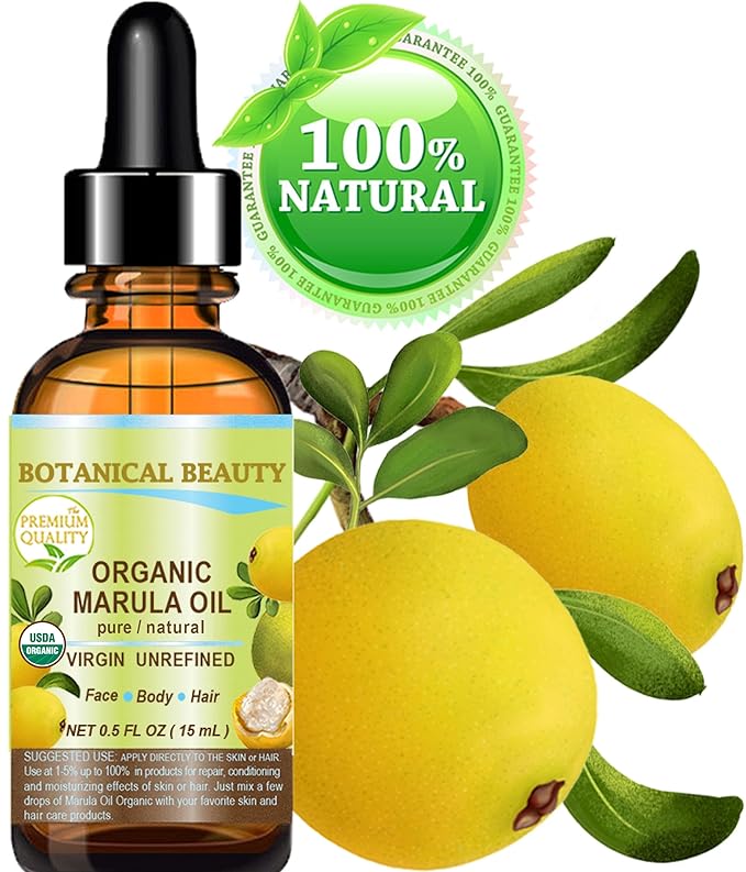 Botanical Beauty Organic MARULA OIL WILD GROWTH 100% Pure Natural Virgin, Unrefined Cold-Pressed Moisturizer for FACE, DRY SKIN, BODY, DAMAGED HAIR, NAILS, Anti-Aging (0.5 Fl Oz)