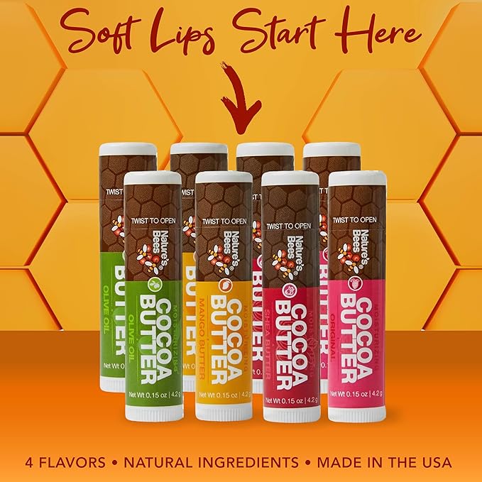 Nature's Bees Cocoa Butter Lip Balm Moisturizer, 24 Pack - 4 Flavors, Original, Shea Butter, Mango Butter, & Olive Oil, Made with Coconut Oil, Beeswax, Vitamin E and Aloe, 0.15 oz - Packaging May Vary
