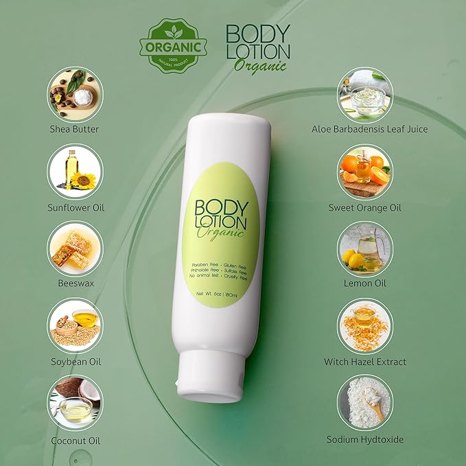 Organic Body Lotion, Naturally Moisturizing 6 oz, Paraben Free, Gluten Free, Cruelty Free, Made in USA