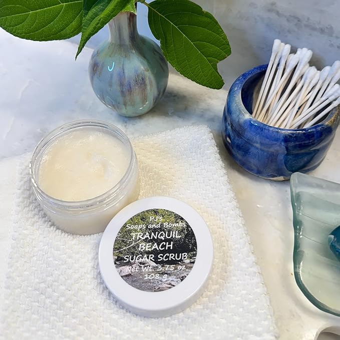 PJ’s Coconut & Almond Bliss Sugar Scrub – Tranquil Beach Scent, Gentle Exfoliating & Nourishing Body Polish, Cruelty-Free, Small Batch, 3.75 oz