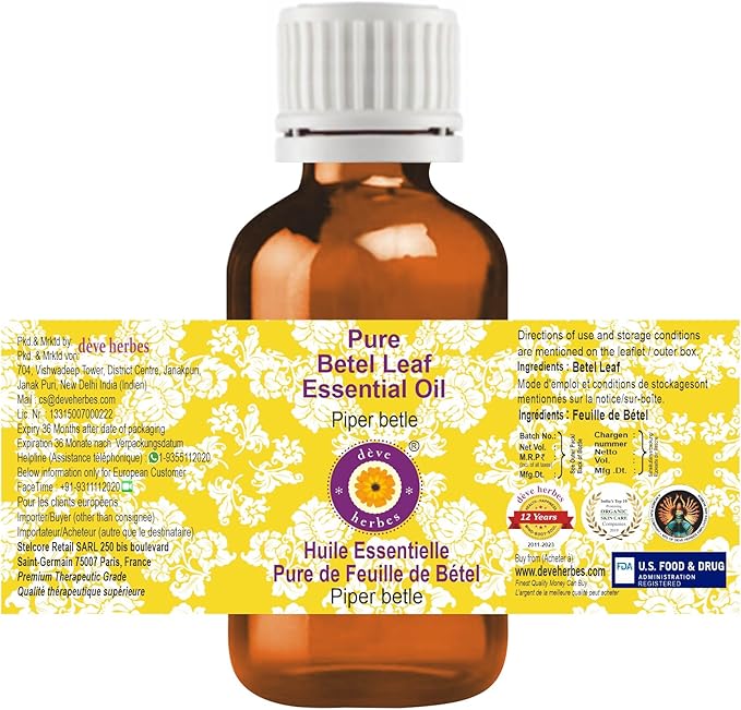 Deve Herbes Pure Betel Leaf Essential Oil (Piper betle) Steam Distilled 100ml (3.38 oz)