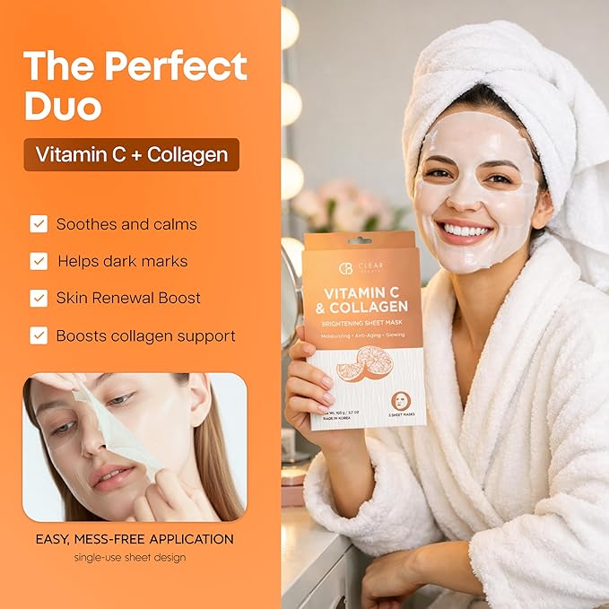 Clear Beauty Vitamin C & Collagen Face Mask – Hydrating & Firming Sheet Masks For Dry, Dull, Aging Skin – Dermatologist Tested, Anti-Aging, Korean Skin Care – Cruelty-Free Clean Beauty – 5 Count