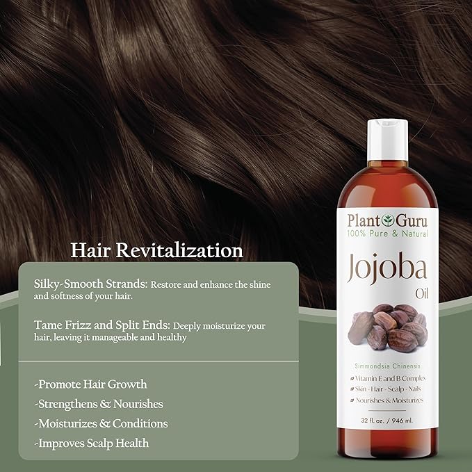 Plant Guru Jojoba Oil 4 fl. oz. Cold Pressed Unrefined - 100% Pure Natural Moisturizer For Skin, Body, Face And Hair Growth. Deeply Hydrating Carrier Oil For DIY Soap Making and Massage