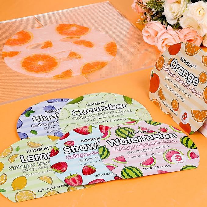 KONEUK 18 Pack Colorful Fruit Face Masks Skincare for Women, Bulk Sheet Hydrating Facial Mask for All Skin Types, Collagen Face Mask for Skin Care, Teacher Gifts, Mothers Day Gifts, Spa Party Gifts