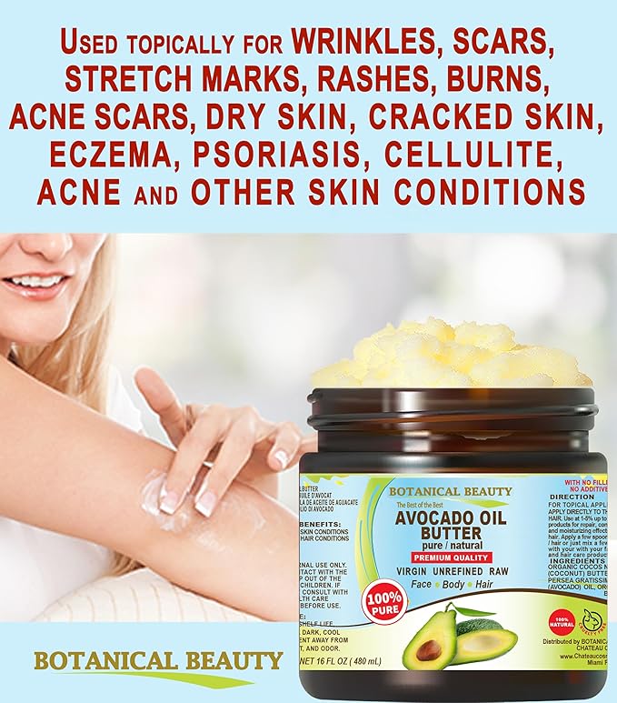 Botanical Beauty AVOCADO OIL BUTTER 100% Pure Natural VIRGIN UNREFINED Cold-Pressed for Face, Skin, Body, Hair, Lip, Nails. Rich in Vitamin E, Omega 3, Omega 6 (16 Fl Oz)